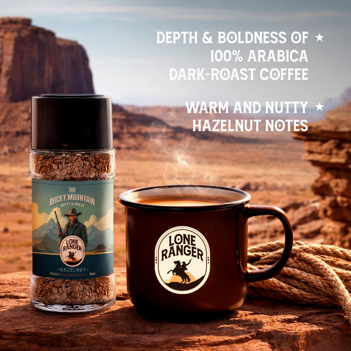 Lone Ranger, Hazelnut Instant coffee (50gm) | The Rocky Mountain 100% Pure Arabica| Freeze Dried | Drink Hot or Cold