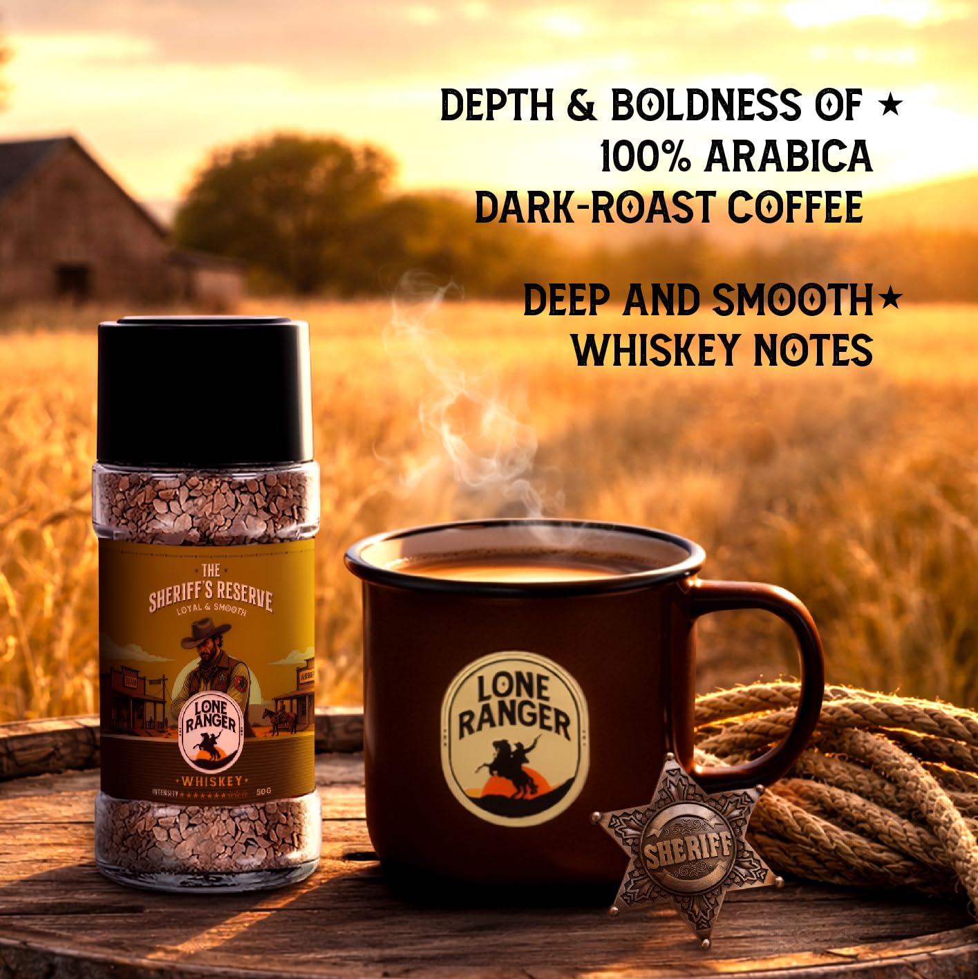 Lone Ranger, Whiskey Instant coffee (50gm) The Sheriff's Reserve 100% Pure Arabica | Freeze Dried | Drink Hot or Cold