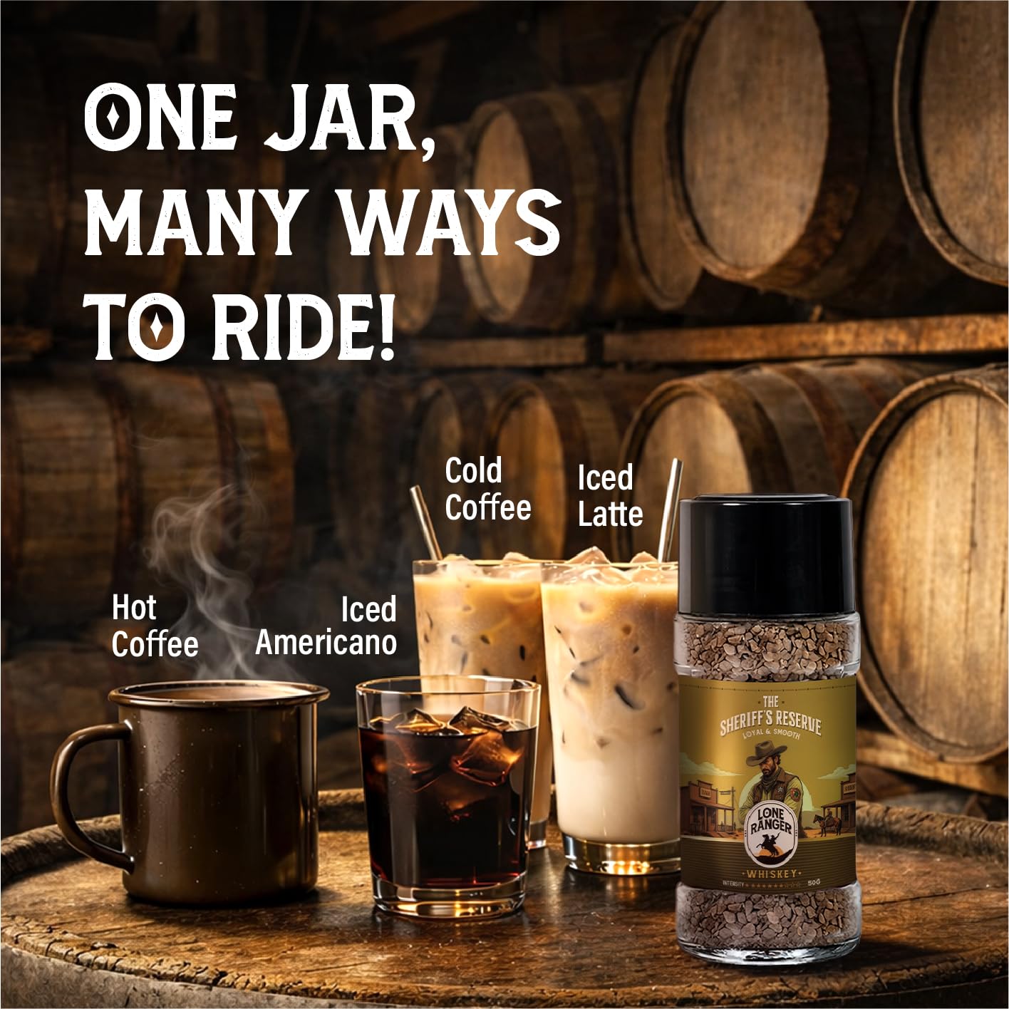 Lone Ranger, Whiskey Instant coffee (50gm) The Sheriff's Reserve 100% Pure Arabica | Freeze Dried | Drink Hot or Cold